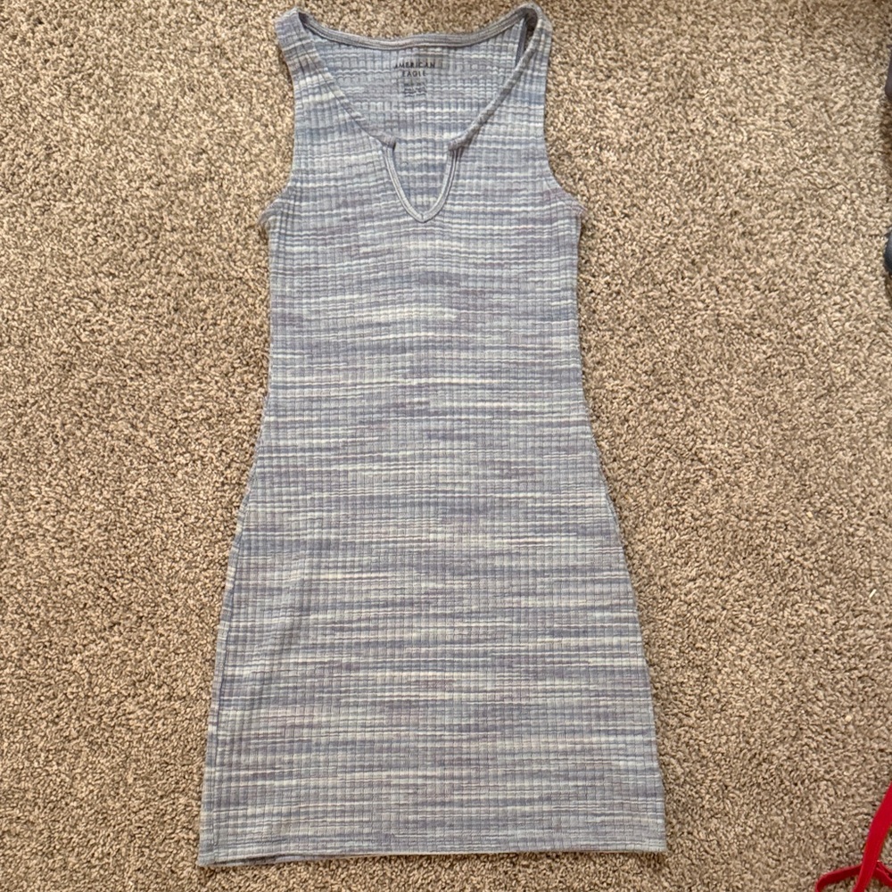 American Eagle Outfitters Heathered Light Blue Ribbed V-Neck Tank Mini Dress